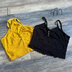 Yellow and Black Crop Tank Tops with Buttoned Detail